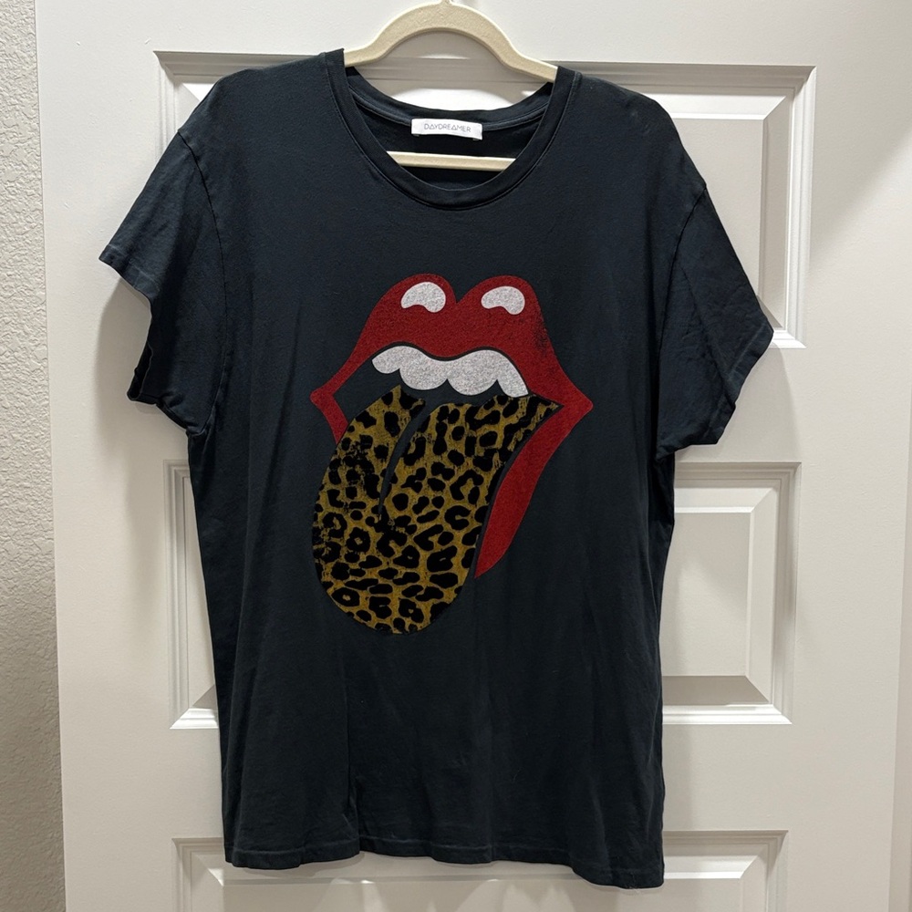 Daydreamer Black Tee with Red Lips and Leopard Tongue